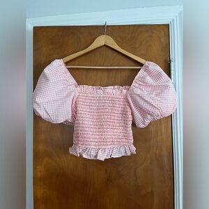 Gingham Puff-sleeve Blouse